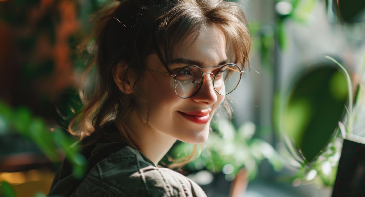 Young woman with round eyeglasses smiling in a softly lit indoor setting with greenery in the background.